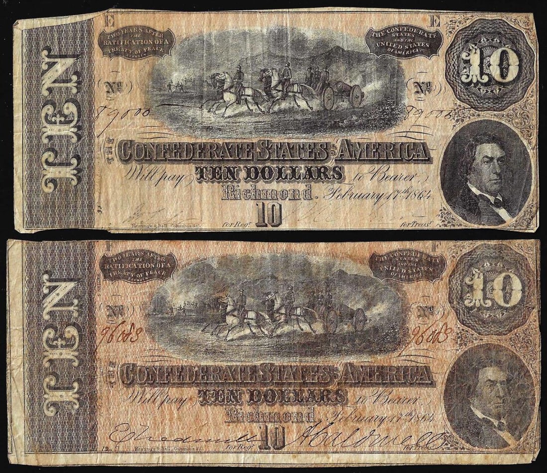 Lot of (2) 1864 $10 Confederate States of America Notes: One Lot of (2) 1864 $10 Confederate States of America Notes.