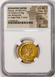 Byzantine Empire 602-610 AD Phocas AV Solidus Ancient Gold Coin NGC Ch AU: One Byzantine Empire 602-610 AD Phocas AV Solidus Ancient Gold Coin NGC Ch AU. NGC Certified.