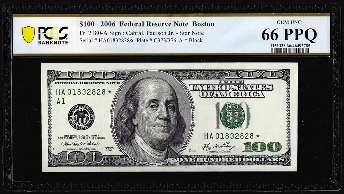 2006 $100 Federal Reserve Star Note Boston Fr.2180-A* PCGS Gem Uncirculated 66PPQ: One 2006 $100 Federal Reserve Star Note Boston Fr.2180-A* PCGS Gem Uncirculated 66PPQ. PCGS Graded.