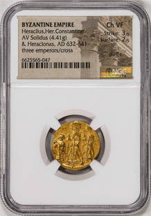 AD 632-641 Byzantine Empire Heraclius Her Constantine AV Solidus Gold Coin NGC Ch VF: One AD 632-641 Byzantine Empire Heraclius Her Constantine AV Solidus Gold Coin NGC Ch VF. NGC Certified.