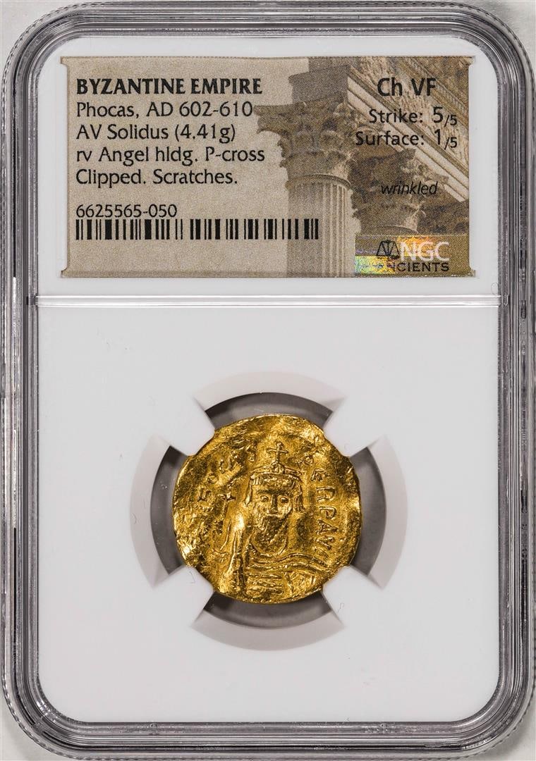 AD 602-610 Byzantine Empire Phocus AV Solidus Ancient Gold Coin NGC Ch VF: One AD 602-610 Byzantine Empire Phocus AV Solidus Ancient Gold Coin NGC Ch VF. NGC Certified.