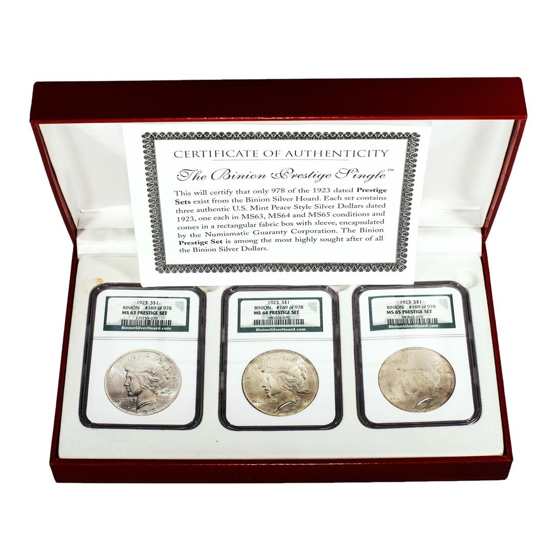 (3) 1923 $1 Peace Silver Dollar Coins NGC MS63/64/65 Prestige Set Binion Collection: One (3) 1923 $1 Peace Silver Dollar Coins NGC MS63/64/65 Prestige Set Binion Collection. NGC Certified.