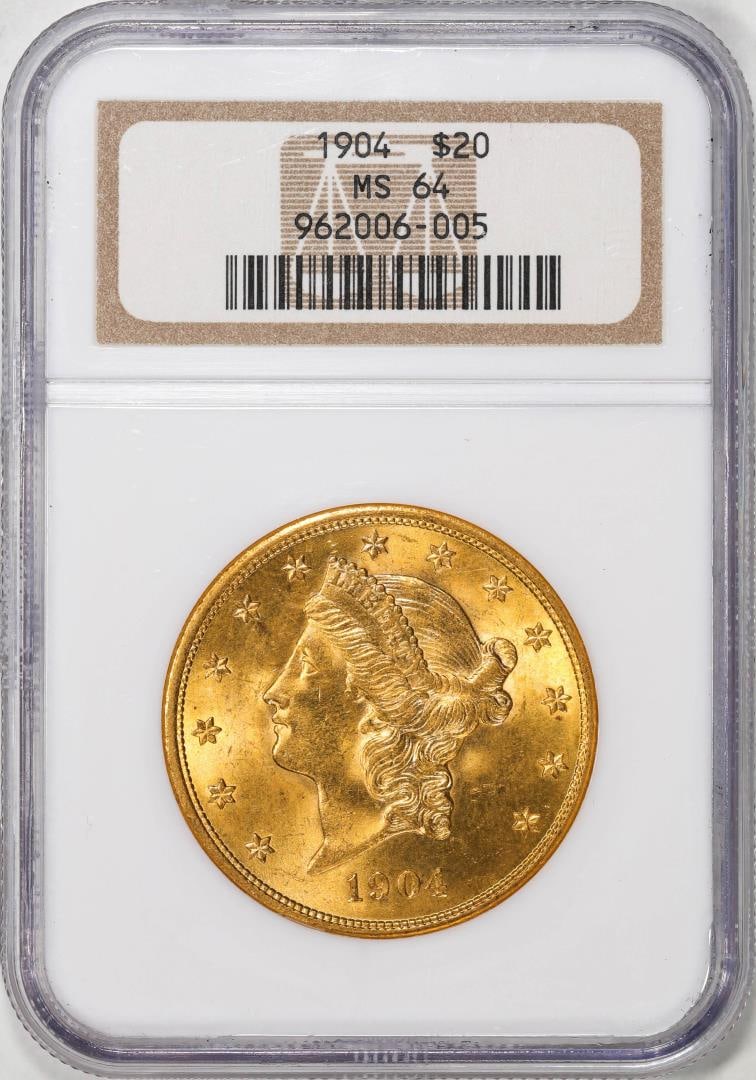 1904 $20 Liberty Head Eagle Gold Coin NGC MS64: One 1904 $20 Liberty Head Eagle Gold Coin NGC MS64. NGC Certified.