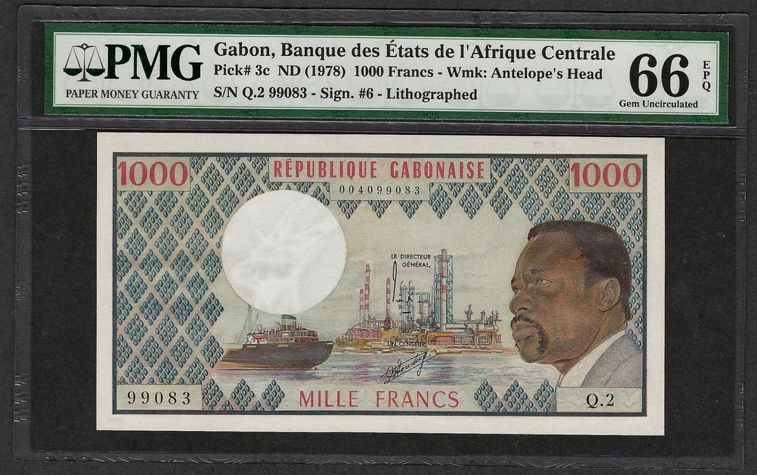 1978 Banque des Etats Gabon 1000 Francs Note Pick# 3c PMG Gem Uncirculated 66EPQ: One 1978 Banque des Etats Gabon 1000 Francs Note Pick# 3c PMG Gem Uncirculated 66EPQ. PMG Certified.