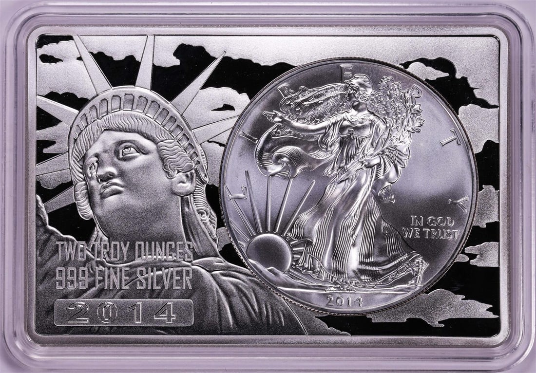 2014 $1 American Silver Eagle Coin & 2oz Silver Bar Set: One 2014 $1 American Silver Eagle Coin & 2oz Silver Bar Set.