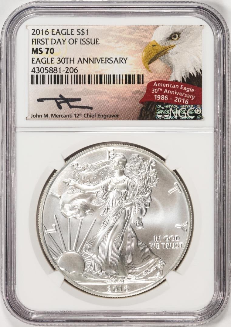 2016 $1 American Silver Eagle Coin NGC MS70 FDOI Mercanti Signature 30th Anniversary: One 2016 $1 American Silver Eagle Coin NGC MS70 FDOI Mercanti Signature 30th Anniversary. NGC Certified.