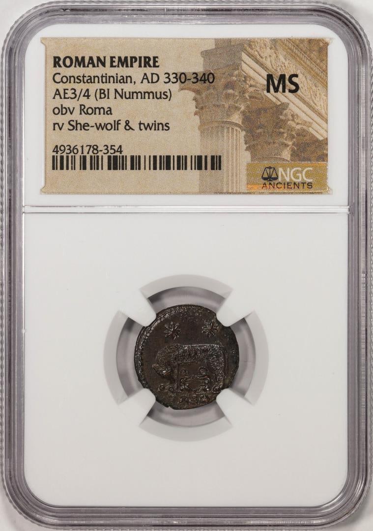 AD 330-340 Roman Empire Constantinian Bi Nummus Ancient Coin NGC MS: One AD 330-340 Roman Empire Constantinian Bi Nummus Ancient Coin NGC MS. NGC Certified.