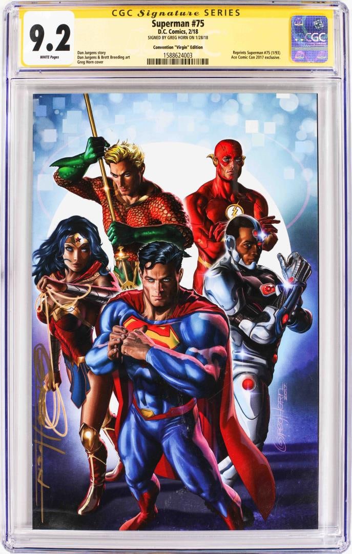 D.C. Comics Superman #75 Comic Book 2/18 CGC 9.2 Signed by Greg Horn: One D.C. Comics Superman #75 Comic Book 2/18 CGC 9.2 Signed by Greg Horn. CGC Graded.