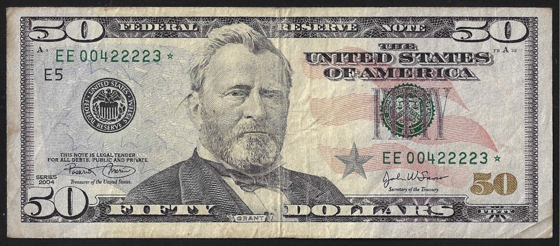 2004 $50 Federal Reserve Star Note Fancy Serial: One 2004 $50 Federal Reserve Star Note Fancy Serial.