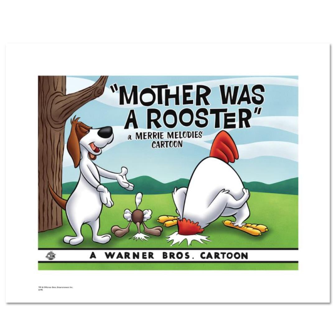 Looney Tunes "Mother Was A Rooster" Limited Edition Giclee on Paper: "Mother Was A Rooster" is a limited edition giclee on paper from Warner Bros. featuring iconic Looney Tunes characters. The art was taken from an original Lobby Card used to promote "Mother Was A Roos