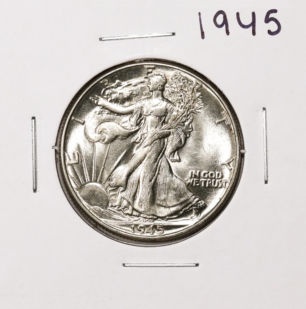 1945 Walking Liberty Half Dollar Coin: One 1945 Walking Liberty Half Dollar Coin.