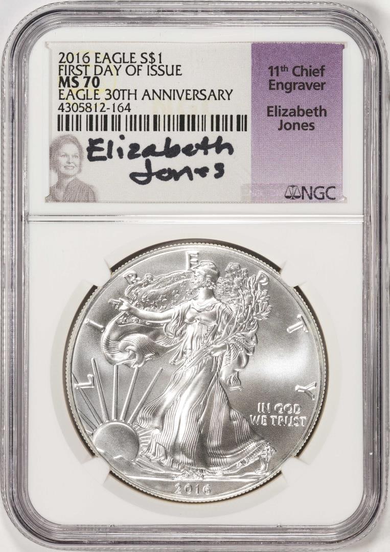 2016 $1 American Silver Eagle Coin NGC MS70 FDOI Jones Signature 30th Anniversary: One 2016 $1 American Silver Eagle Coin NGC MS70 FDOI Jones Signature 30th Anniversary. NGC Certified.