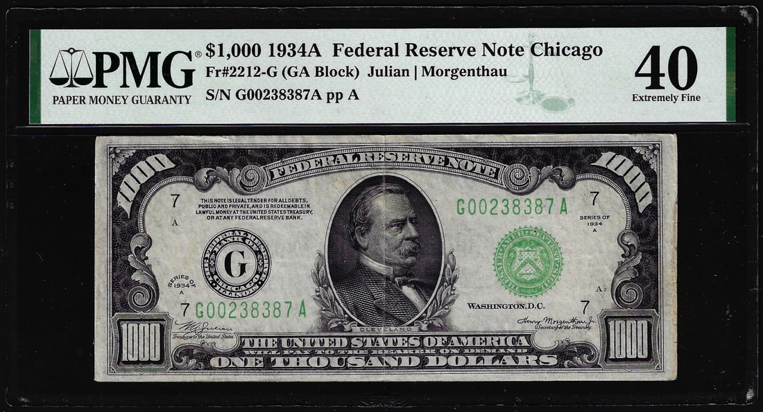 1934A $1,000 Federal Reserve Note Chicago Fr.2212-G PMG Extremely Fine 40: One 1934A $1,000 Federal Reserve Note Chicago Fr.2212-G PMG Extremely Fine 40. PMG Certified.