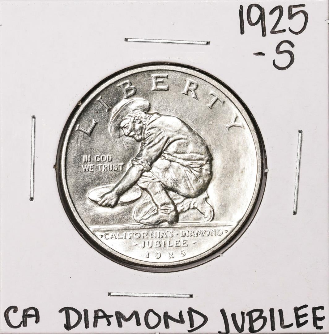 1925-S California Diamond Jubilee Commemorative Half Dollar Coin: One 1925-S California Diamond Jubilee Commemorative Half Dollar Coin.