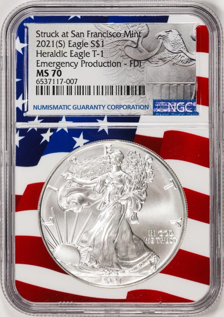 2021(S) Type 1 $1 American Silver Eagle Coin NGC MS70 FDI San Francisco Flag Core: One 2021(S) Type 1 $1 American Silver Eagle Coin NGC MS70 FDI San Francisco Flag Core. NGC Certified.