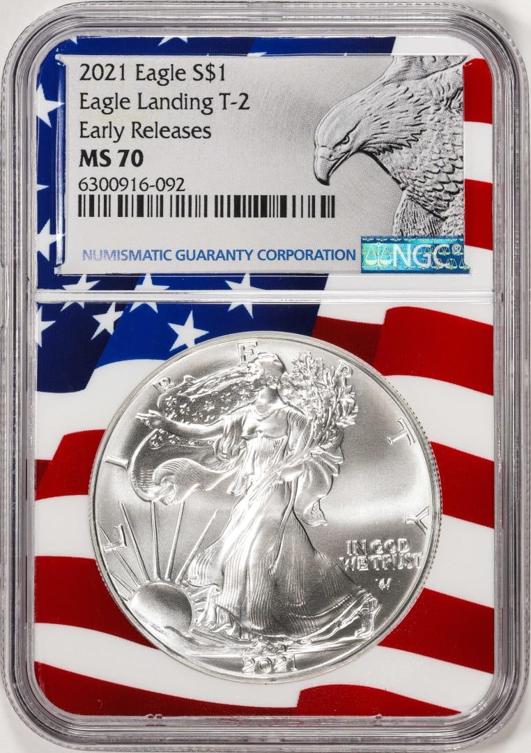 2021 Type 2 $1 American Silver Eagle Coin NGC MS70 Early Releases Flag Core: One 2021 Type 2 $1 American Silver Eagle Coin NGC MS70 Early Releases Flag Core. NGC Certified.