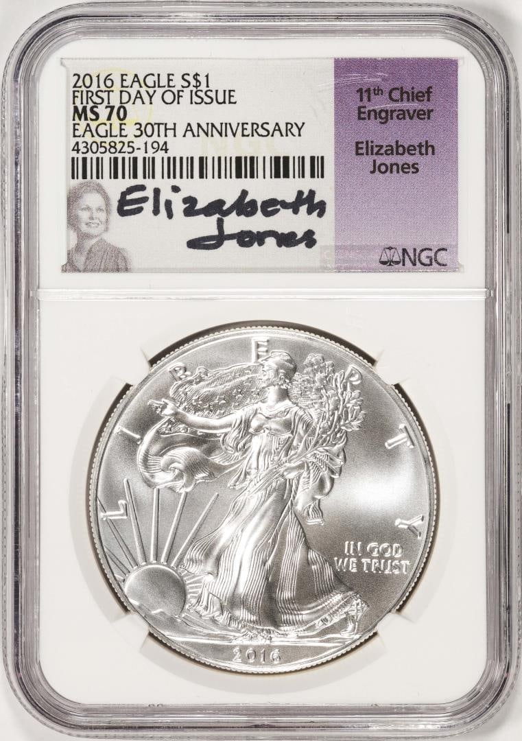 2016 $1 American Silver Eagle Coin NGC MS70 FDOI Jones Signature 30th Anniversary: One 2016 $1 American Silver Eagle Coin NGC MS70 FDOI Jones Signature 30th Anniversary. NGC Certified.
