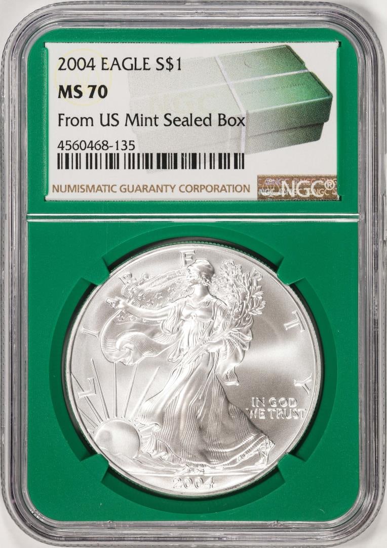 2004 $1 American Silver Eagle Coin NGC MS70 From US Mint Sealed Box Green Core: One 2004 $1 American Silver Eagle Coin NGC MS70 From US Mint Sealed Box Green Core. NGC Certified.