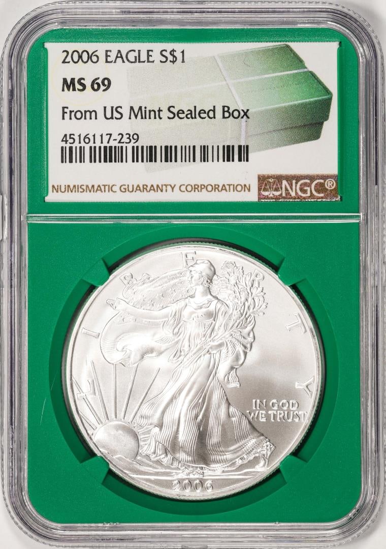 2006 $1 American Silver Eagle Coin NGC MS69 Green Core: One 2006 $1 American Silver Eagle Coin NGC MS69 Green Core. NGC Certified.