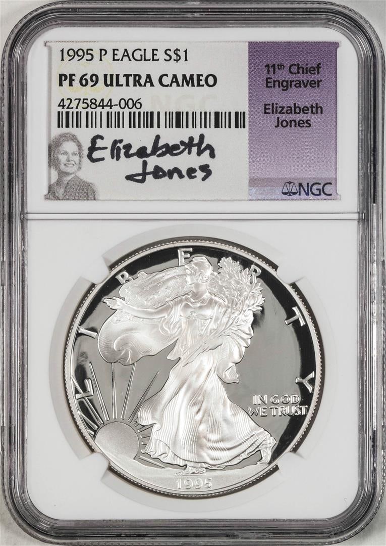 1995-P $1 Proof American Silver Eagle Coin NGC PF69 Ultra Cameo E. Jones Signature: One 1995-P $1 Proof American Silver Eagle Coin NGC PF69 Ultra Cameo Elizabeth Jones Signature. NGC Certified.