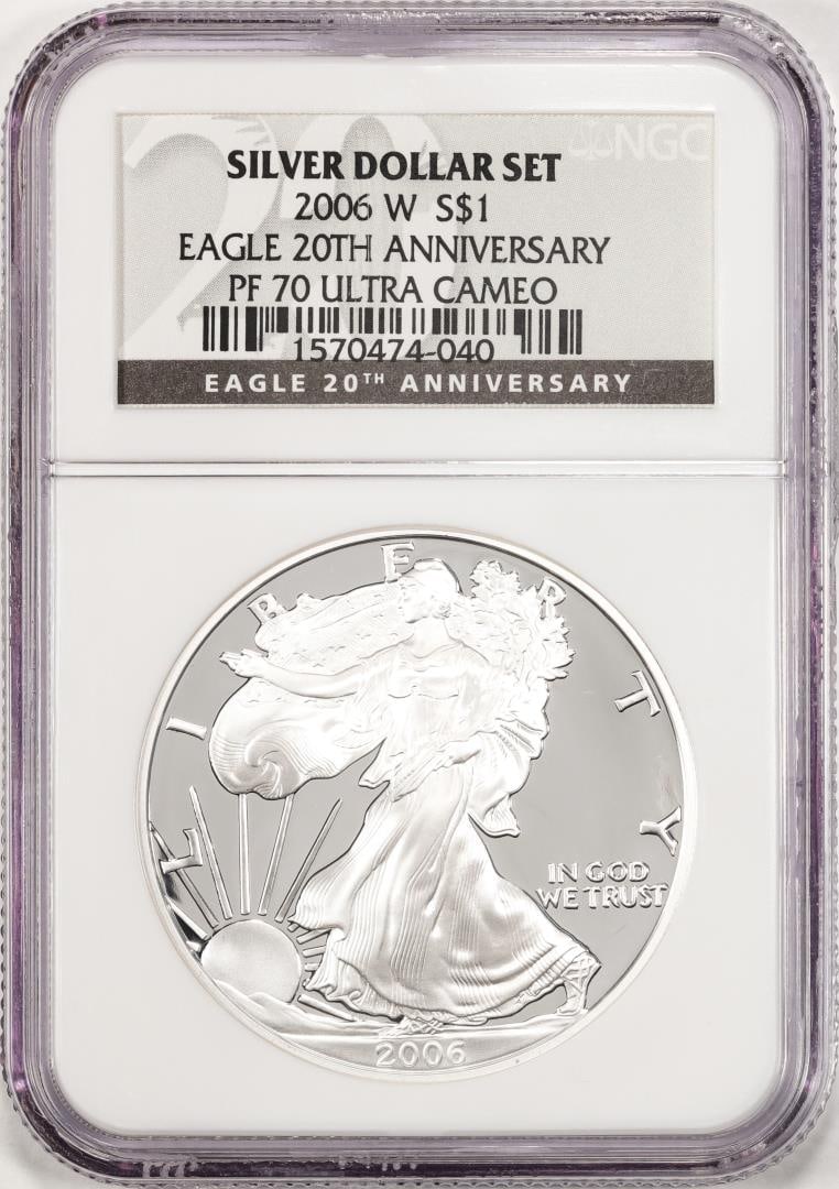 2006-W $1 Proof American Silver Eagle Coin NGC PF70 Ultra Cameo 20th Anniversary: One 2006-W $1 Proof American Silver Eagle Coin NGC PF70 Ultra Cameo 20th Anniversary. NGC Certified.