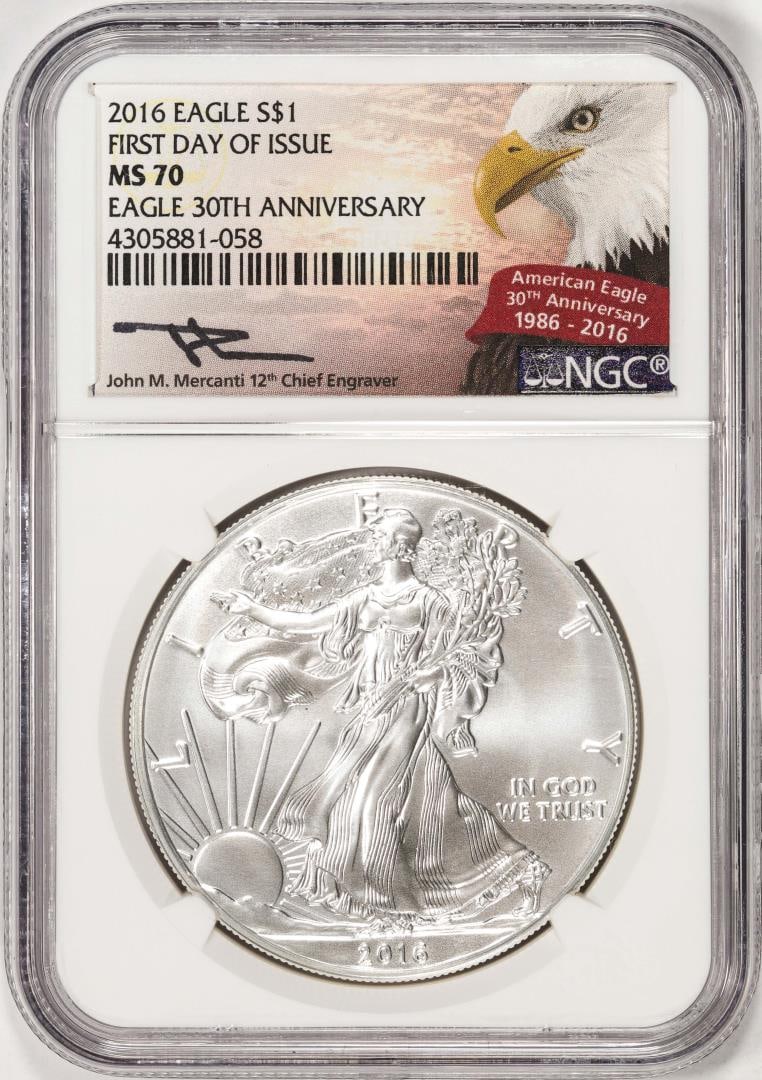 2016 $1 American Silver Eagle Coin NGC MS70 FDOI Mercanti Signature 30th Anniversary: One 2016 $1 American Silver Eagle Coin NGC MS70 FDOI Mercanti Signature 30th Anniversary. NGC Certified.