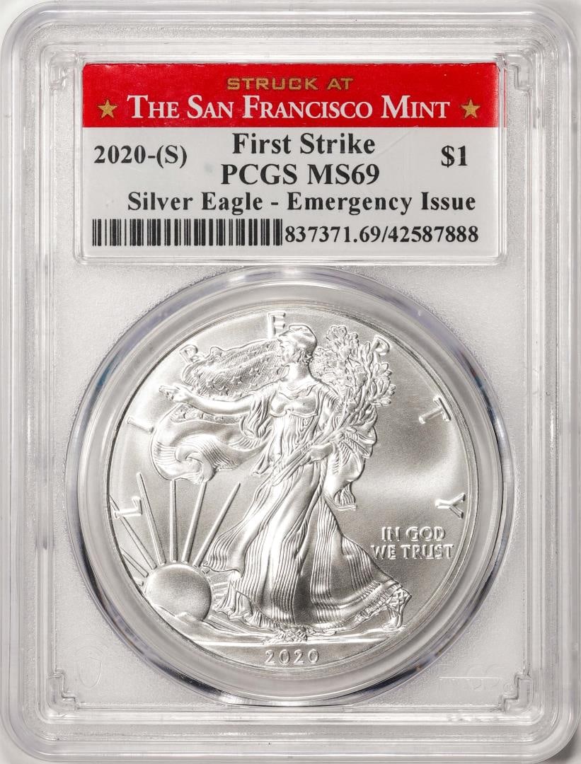 2020-(S) $1 American Silver Eagle Coin PCGS MS69 First Strike SF Mint Emergency Issue: One 2020-(S) $1 American Silver Eagle Coin PCGS MS69 First Strike SF Mint Emergency Issue. PCGS Graded.