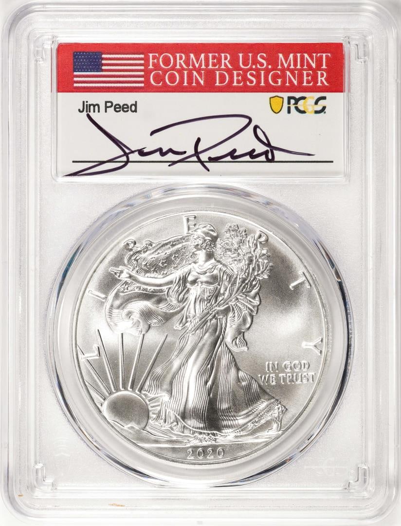 2020-(S) $1 American Silver Eagle Coin PCGS MS70 FDOI S.F. Mint Jim Peed Signature: One 2020-(S) $1 American Silver Eagle Coin PCGS MS70 FDOI S.F. Mint Jim Peed Signature. PCGS Graded.