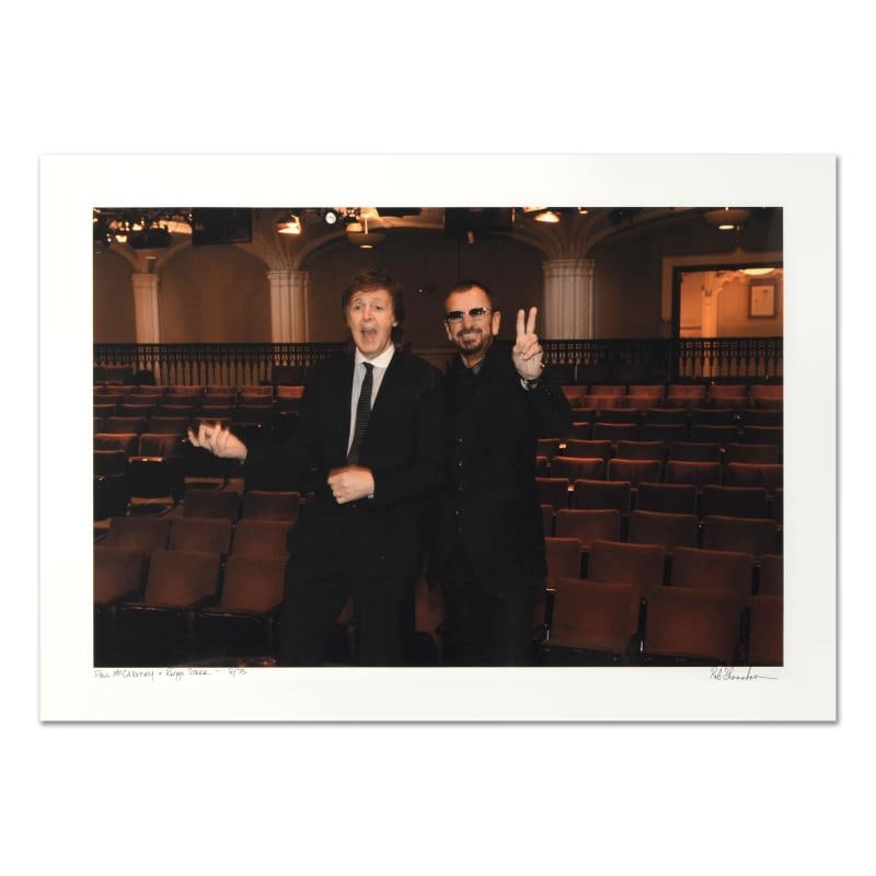 Rob Shanahan "Paul Mccartney & Ringo Starr" Limited Edition Giclee On Paper: "Paul McCartney & Ringo Starr" is a limited edition giclee on paper, numbered and hand signed by acclaimed music industry photographer Rob Shanahan. Includes Certificate of Authenticity. Measures appr