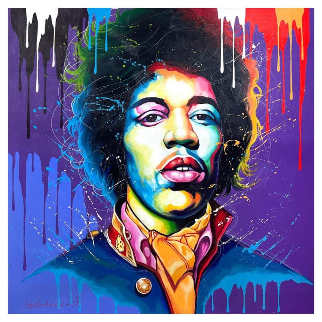 Alexander Ishchenko "Jimi Hendrix" Original Acrylic on Canvas: "Jimi Hendrix" is an original acrylic painting on canvas by Alexander Ishchenko, hand signed by the artist. Includes Letter of Authenticity. Measures approx. 36" x 36" (image).