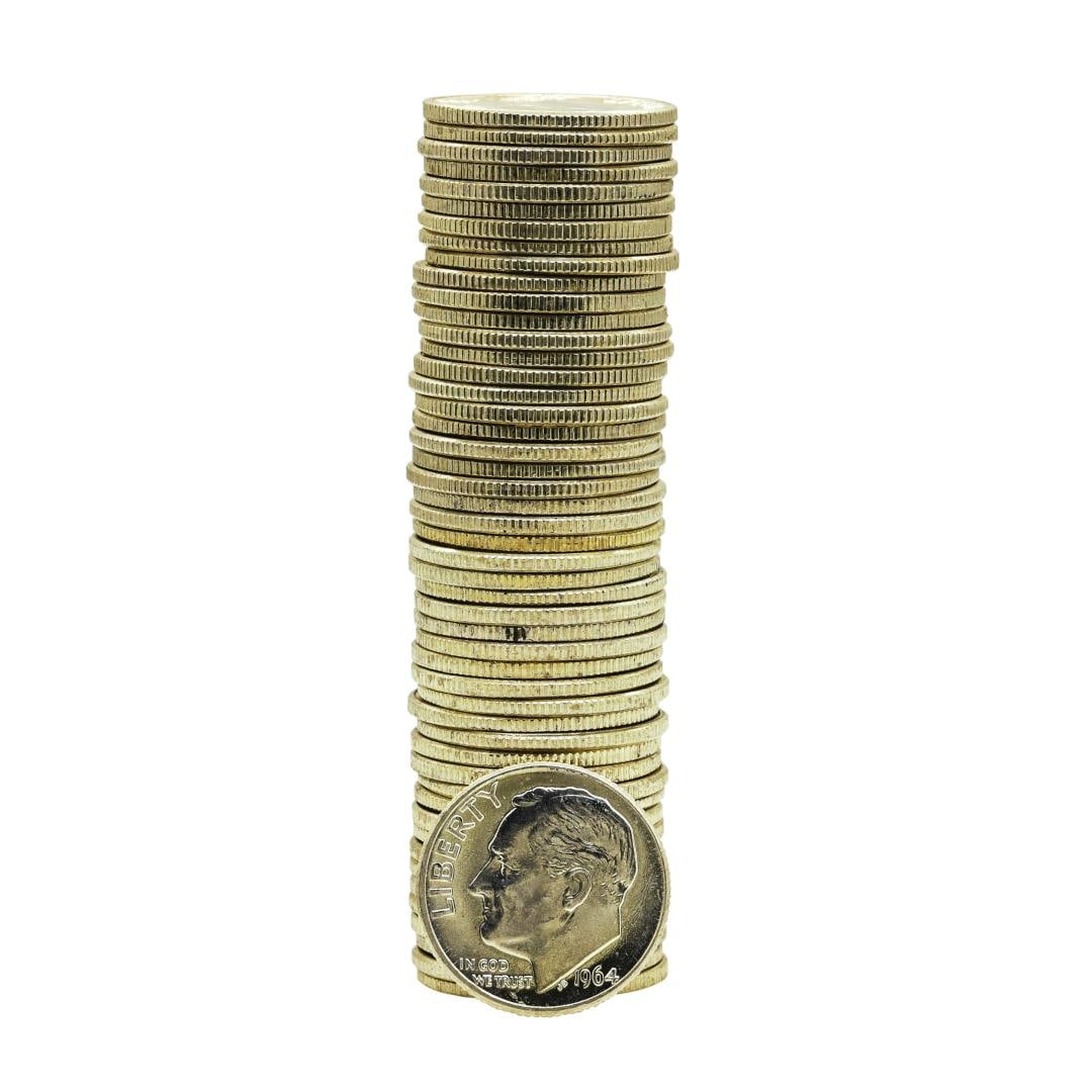 Roll of (50) Brilliant Uncirculated 1964-D Roosevelt Dime Coins: One Roll of (50) Brilliant Uncirculated 1964-D Roosevelt Dime Coins.
