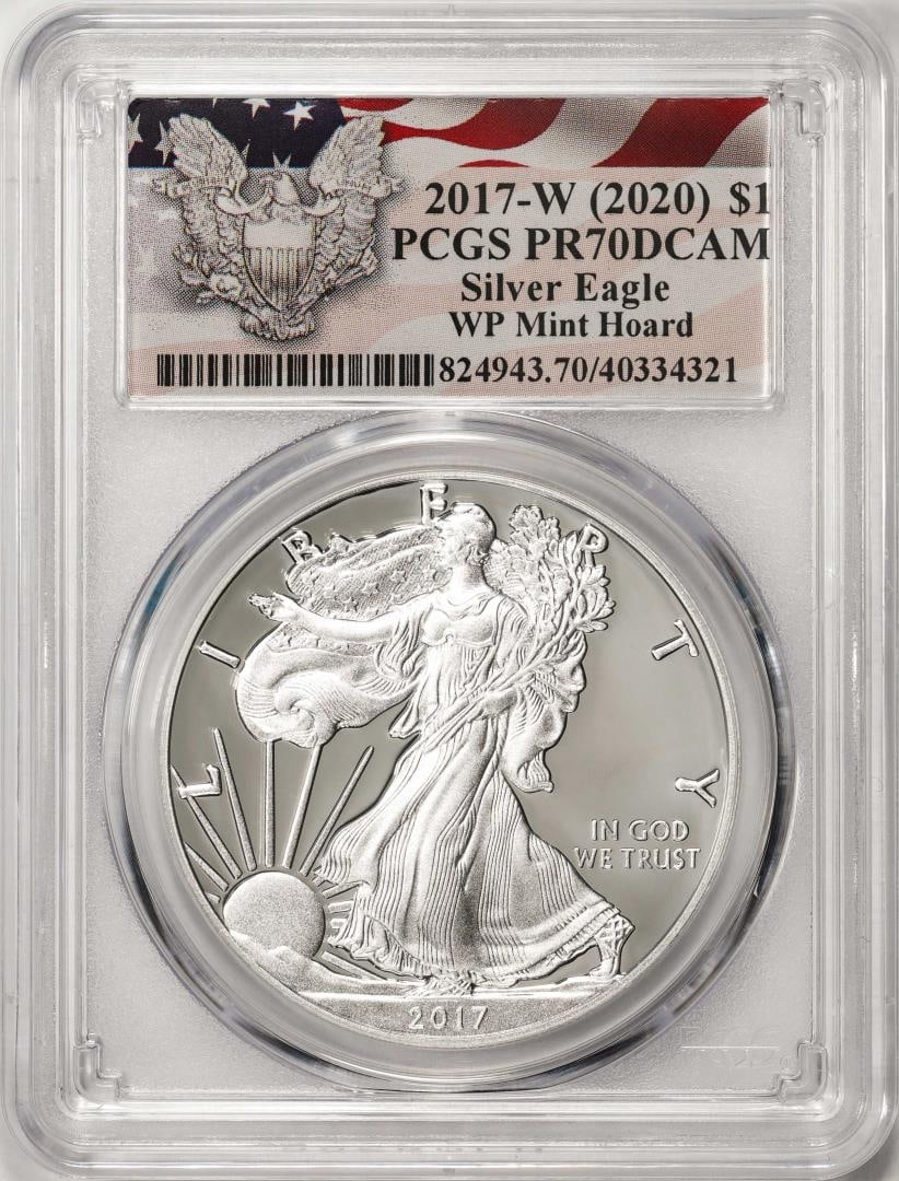 2017-W $1 Proof American Silver Eagle Coin PCGS PR70DCAM WP Mint Hoard: One 2017-W $1 Proof American Silver Eagle Coin PCGS PR70DCAM WP Mint Hoard. PCGS Graded.