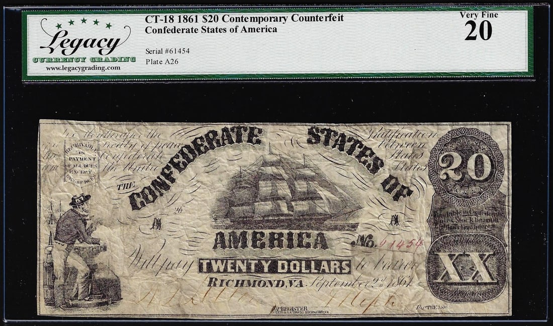 1861 $20 Confederate States of America Contemporary Counterfeit Note CT-18 Legacy VF20: One 1861 $20 Confederate States of America Contemporary Counterfeit Note CT-18 Legacy VF20. Legacy Graded.