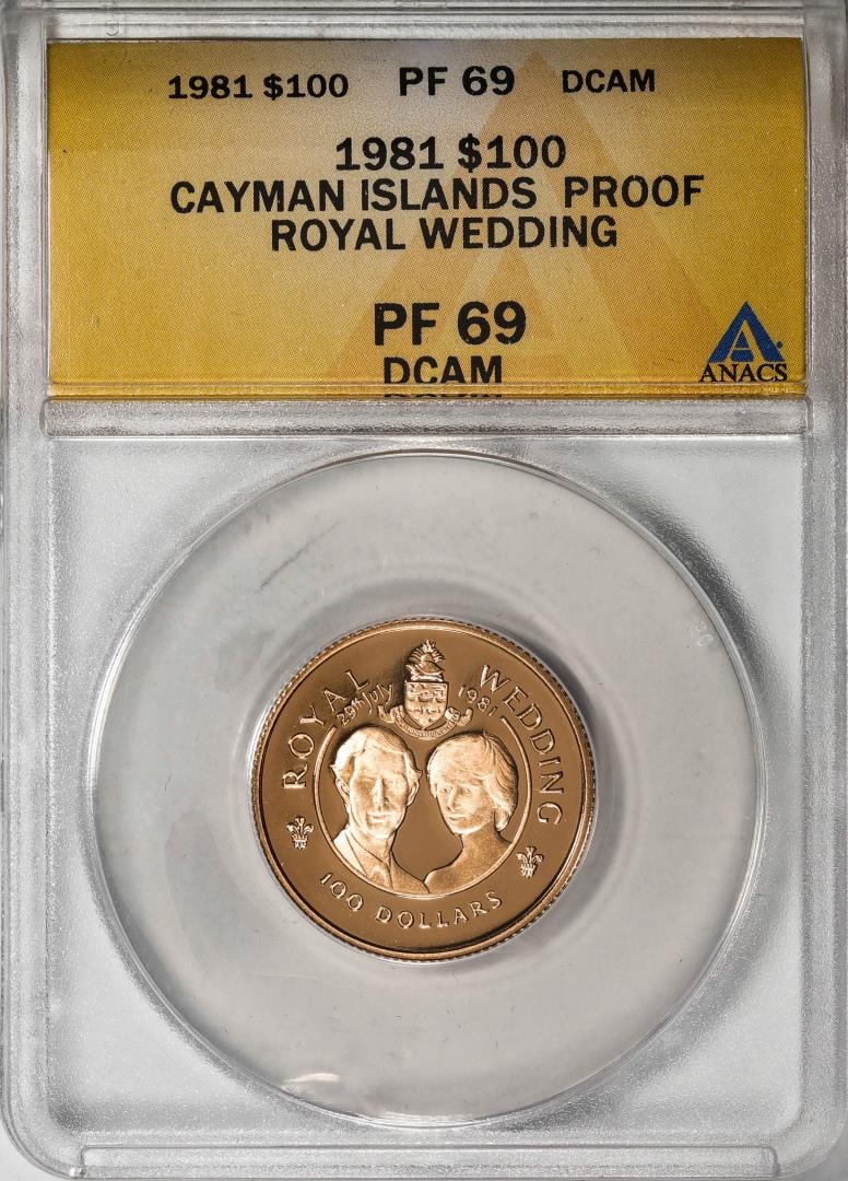 1981 $100 Proof Cayman Islands Royal Wedding Gold Coin ANACS PF69DCAM: One 1981 $100 Proof Cayman Islands Royal Wedding Gold Coin ANACS PF69DCAM. ANACS Certified.