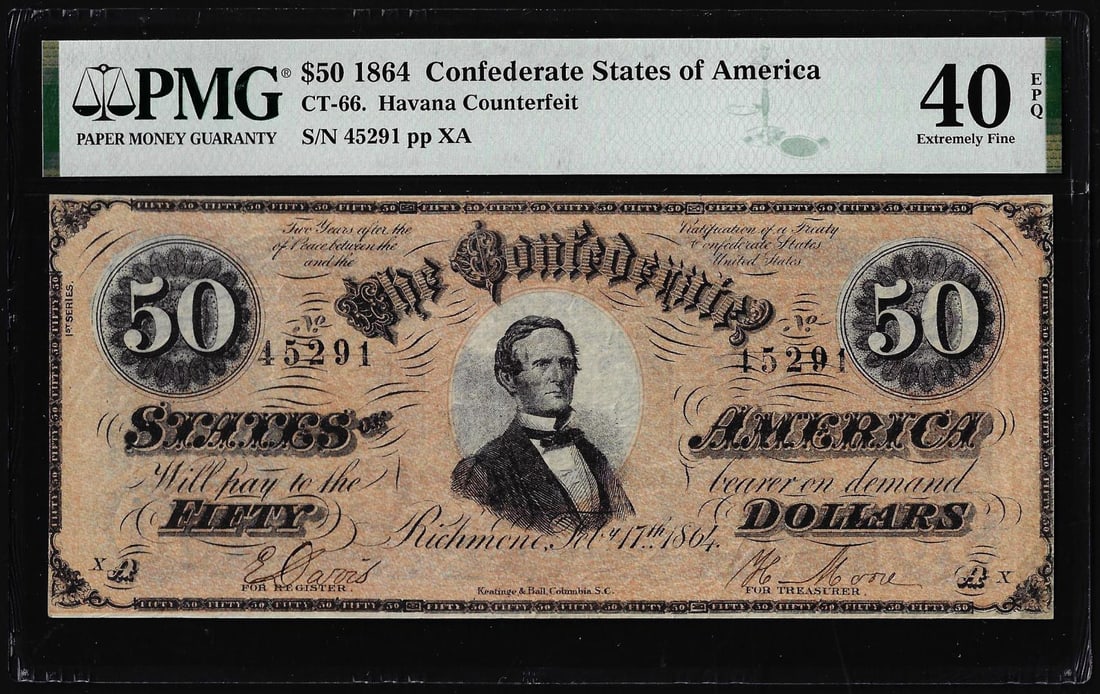 1864 $50 Confederate States Havana Counterfeit Note CT-66 PMG Extremely Fine 40EPQ: One 1864 $50 Confederate States Havana Counterfeit Note CT-66 PMG Extremely Fine 40EPQ. PMG Certified.