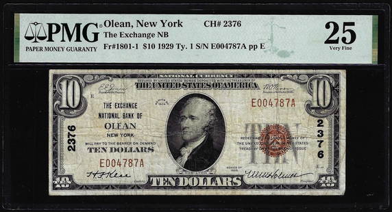 1929 $20 Exchange NB of Olean, NY CH# 2376 National Currency Note PMG Very Fine 25: One 1929 $20 Exchange NB of Olean, NY CH# 2376 National Currency Note PMG Very Fine 25. PMG Certified.