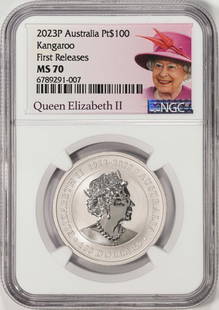 2023P Australia $100 Kangaroo 1oz Platinum Coin NGC MS70 First Releases: One 2023P Australia $100 Kangaroo 1oz Platinum Coin NGC MS70 First Releases. NGC Certified.