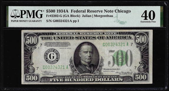1934A $500 Federal Reserve Note Chicago Fr.2202-G PMG Extremely Fine 40: One 1934A $500 Federal Reserve Note Chicago Fr.2202-G PMG Extremely Fine 40. PMG Certified.
