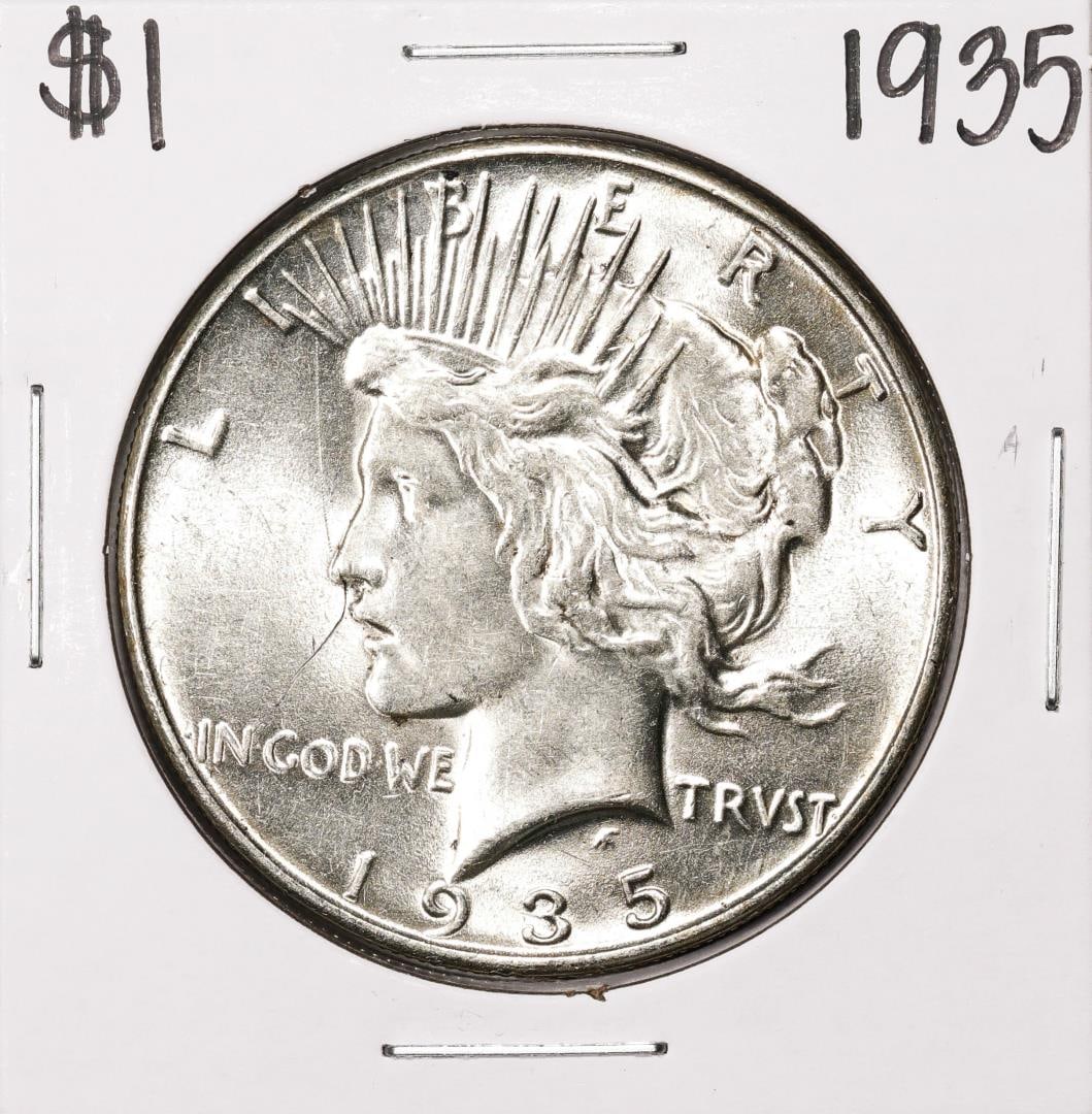 1935 $1 Peace Silver Dollar Coin: One 1935 $1 Peace Silver Dollar Coin.