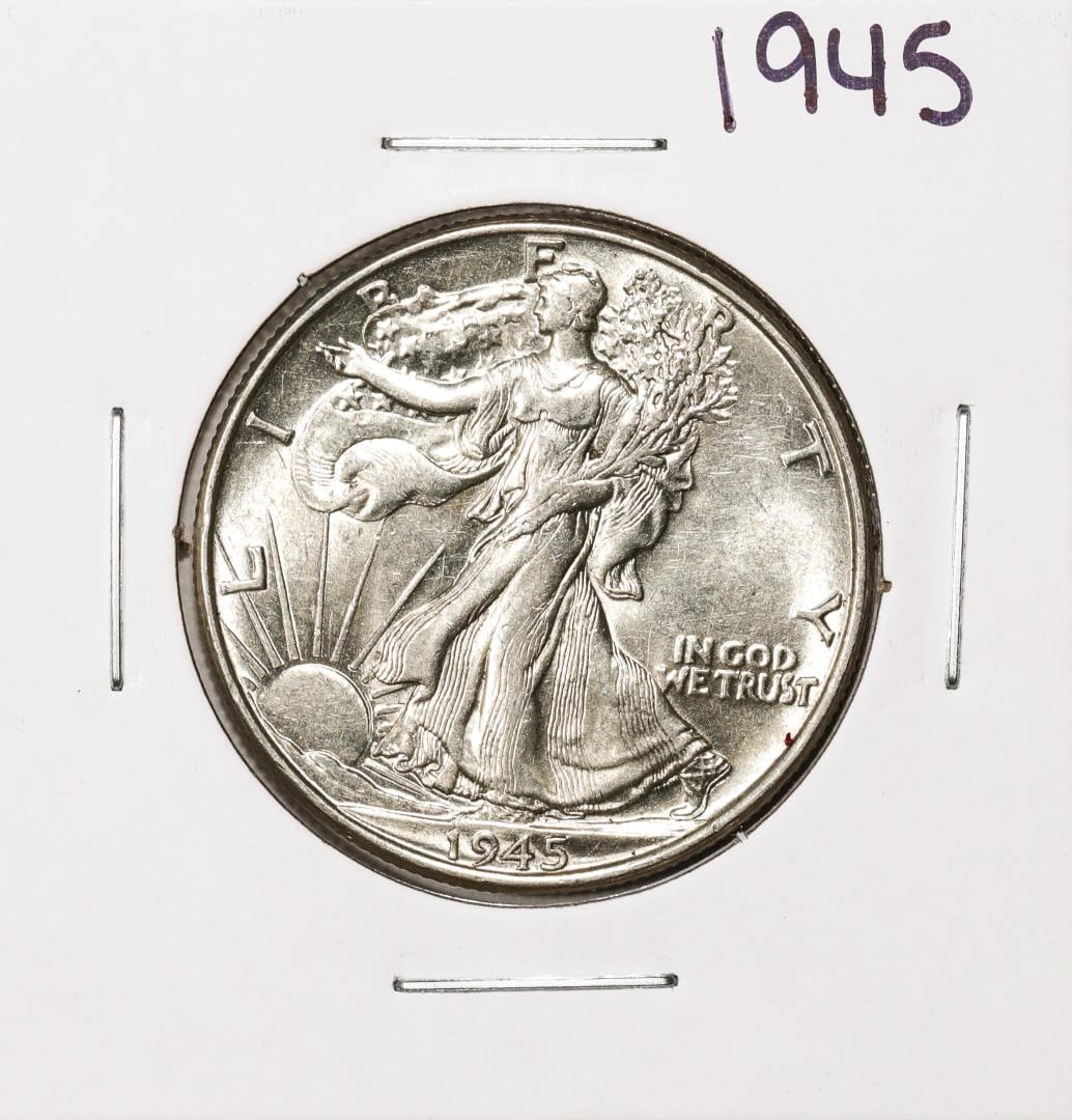 1945 Walking Liberty Half Dollar Coin: One 1945 Walking Liberty Half Dollar Coin.