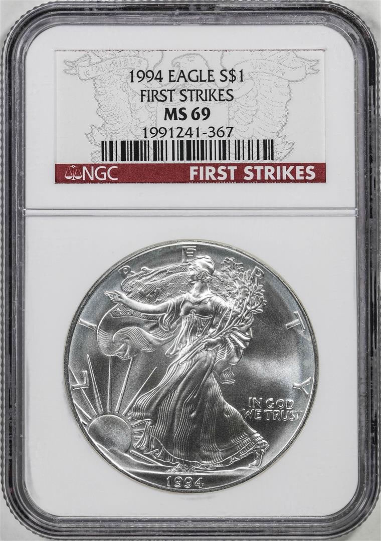 1994 $1 American Silver Eagle Coin NGC MS69 First Strikes: One 1994 $1 American Silver Eagle Coin NGC MS69 First Strikes. NGC Certified.