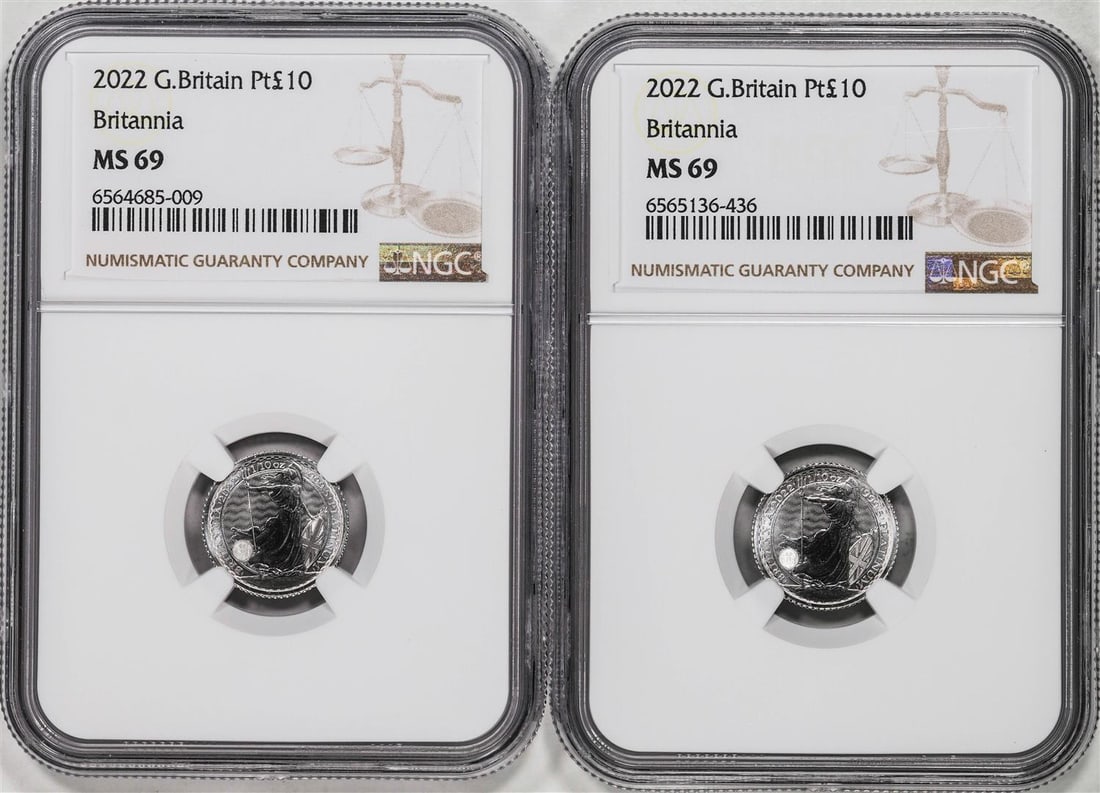 Lot of (2) 2022 Great Britain 10 Pounds Britannia 1/10oz Platinum Coins NGC MS69: One Lot of (2) 2022 Great Britain 10 Pounds Britannia 1/10oz Platinum Coins NGC MS69. NGC Certified.