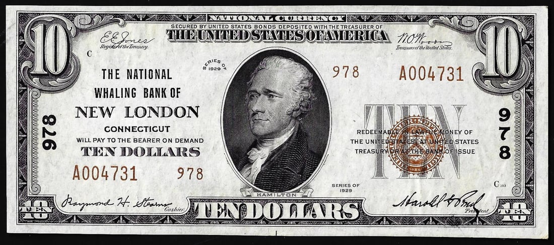 1929 $10 The National Whaling Bank of New London, CT CH# 978 National Currency Note: One 1929 $10 The National Whaling Bank of New London, CT CH# 978 National Currency Note.