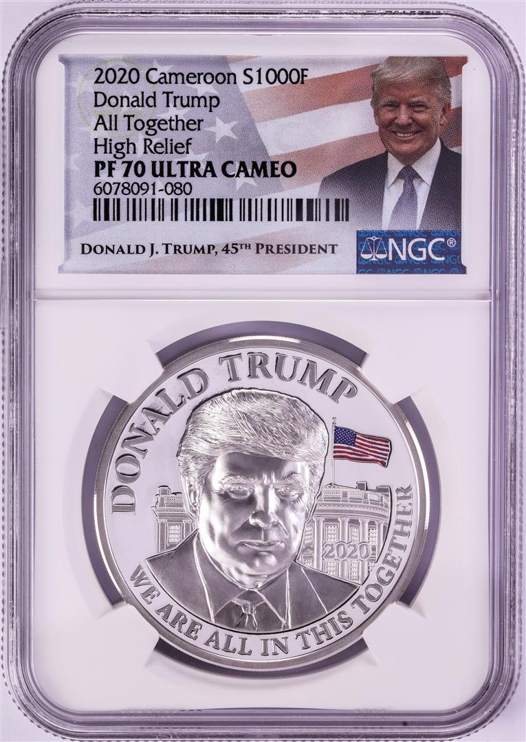 2020 Cameroon 1000 Francs High Relief Donald Trump Silver Coin NGC PF70 Ultra Cameo: One 2020 Cameroon 1000 Francs High Relief Donald Trump Silver Coin NGC PF70 Ultra Cameo.