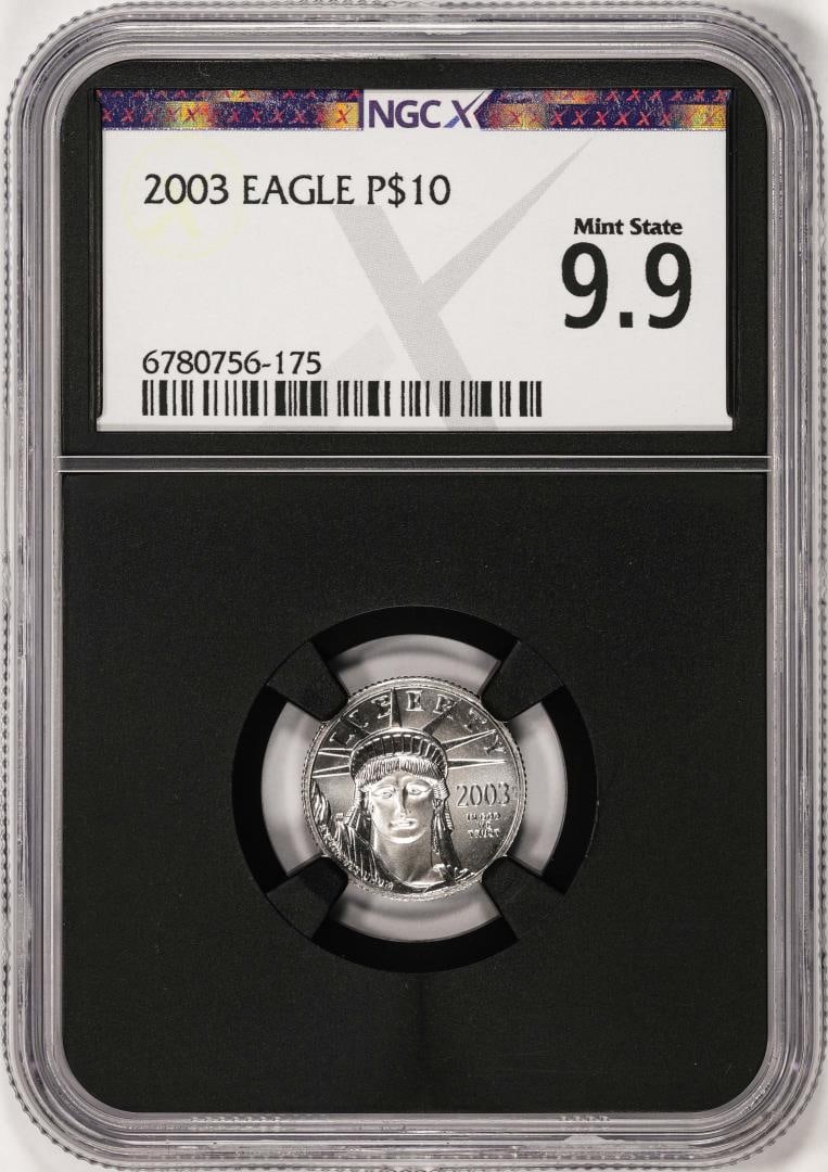 2003 $10 Platinum American Eagle Coin NGCX Mint State 9.9: One 2003 $10 Platinum American Eagle Coin NGCX Mint State 9.9. NGCX Certified.