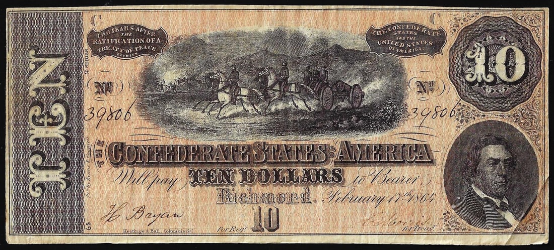 1864 $10 Confederate States of America Note: One 1864 $10 Confederate States of America Note.