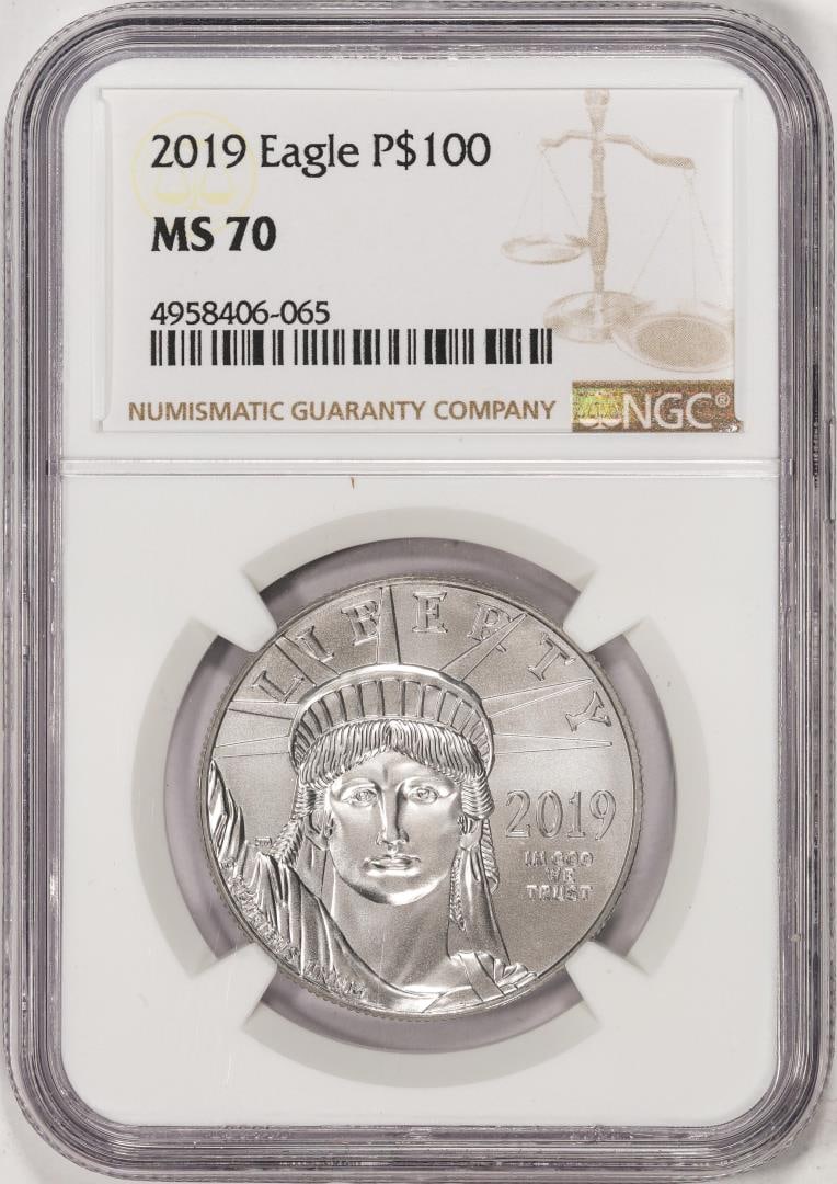 2019 $100 Platinum American Eagle Coin NGC MS70: One 2019 $100 Platinum American Eagle Coin NGC MS70. NGC Certified.