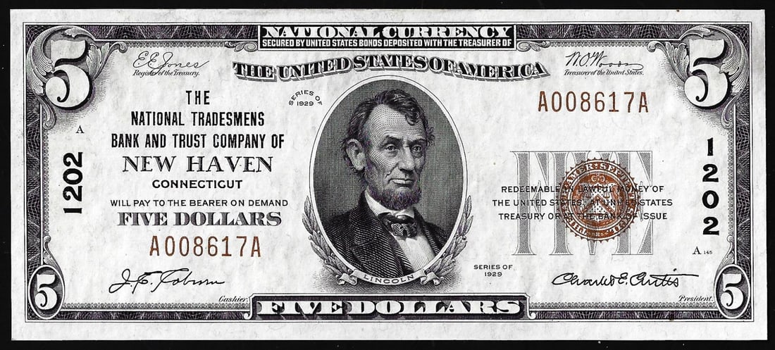 1929 $5 National Tradesman Bank of New Haven, CT CH# 1202 National Currency Note: One 1929 $5 National Tradesman Bank of New Haven, CT CH# 1202 National Currency Note.