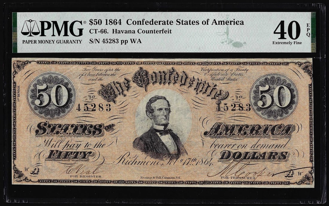 1864 $50 Confederate States Havana Counterfeit Note CT-66 PMG Extremely Fine 40EPQ: One 1864 $50 Confederate States Havana Counterfeit Note CT-66 PMG Extremely Fine 40EPQ. PMG Certified.