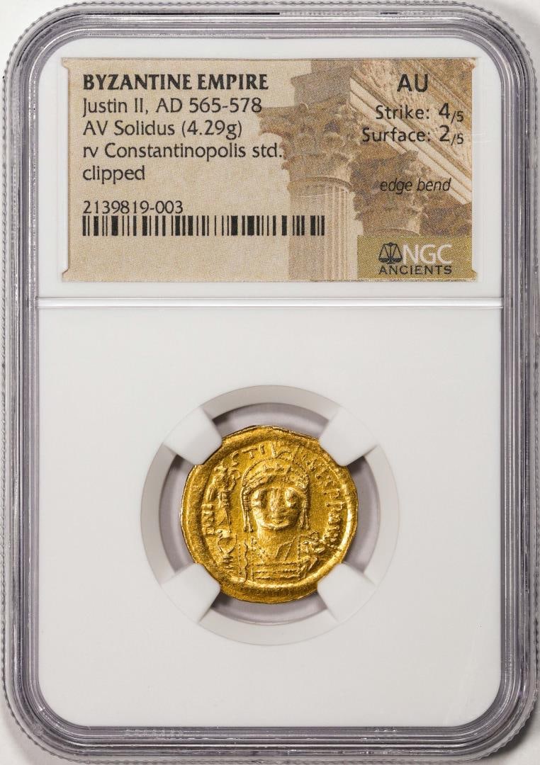 Byzantine Empire 565-578 AD Justin II AV Solidus Clipped Ancient Gold Coin NGC AU: One Byzantine Empire 565-578 AD Justin II AV Solidus Clipped Ancient Gold Coin NGC AU. NGC Certified.